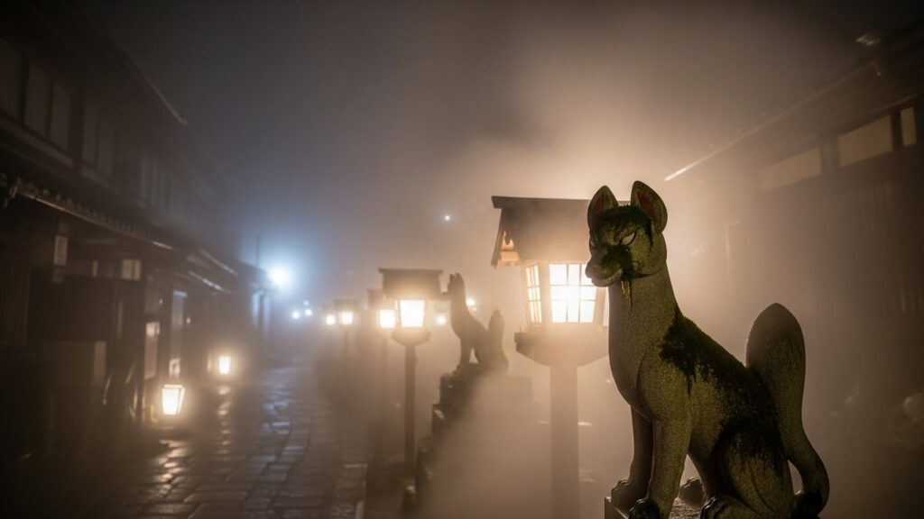 深夜の川棚温泉で、湯けむりの奥に半ば隠れながら佇む狐の石像が、わずかにこちらへ首を向けているように見える情景