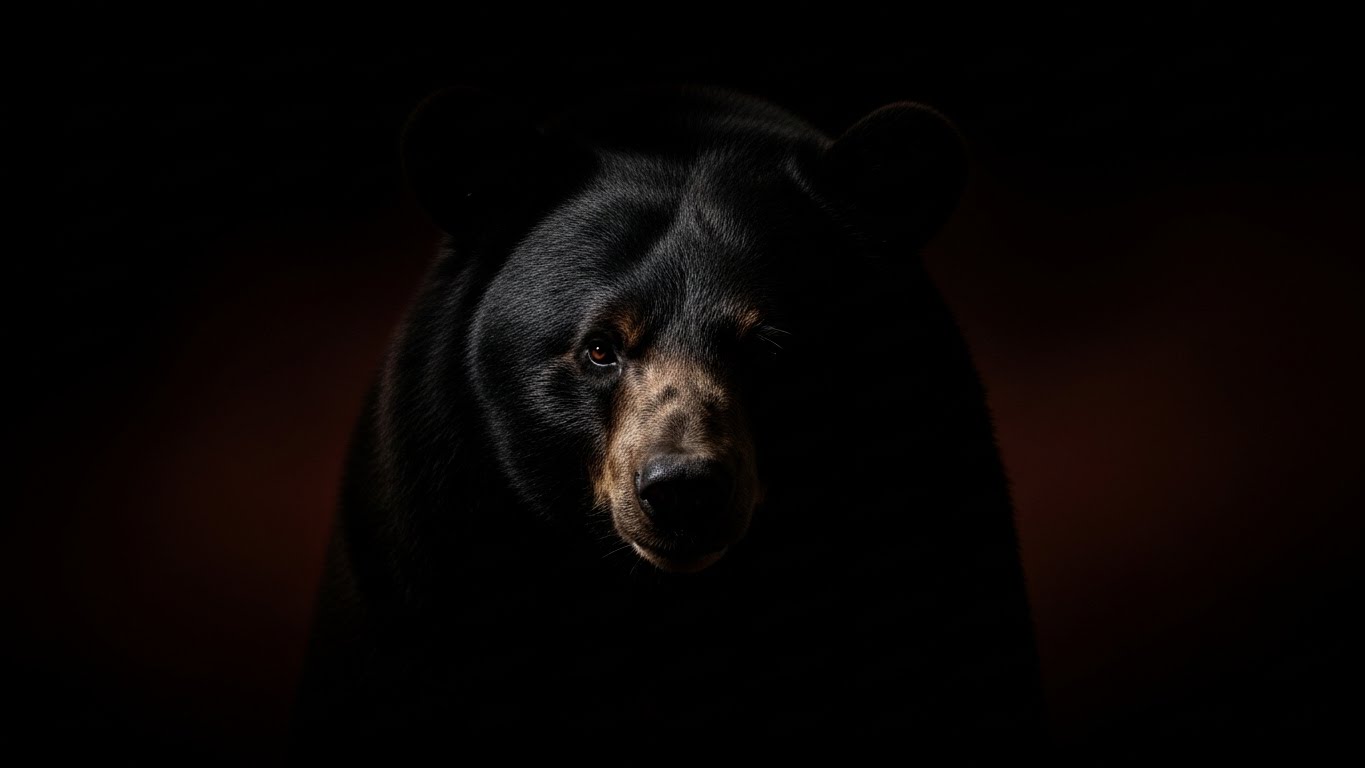 暗闇から半身だけを照らされて現れるツキノワグマの顔。強いコントラストの光が緊張感を生み、2025年の熊被害の深刻さを象徴する映像。