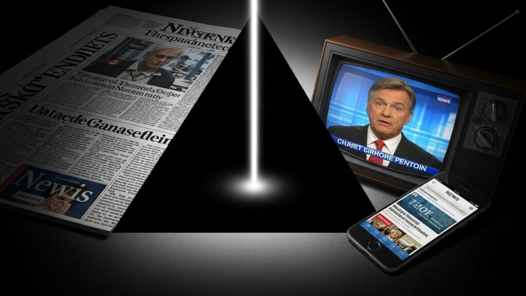 テレビ・新聞・スマホニュースが並び、中央に空白が残る構図。報道の欠落と編集性を象徴