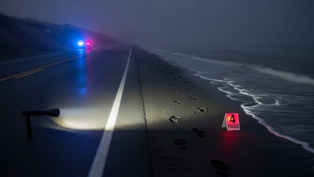 警察の懐中電灯の光が、途中で消える足跡と道路端の証拠マーカーを照らし、手掛かりが途切れて捜査が難航している状況を象徴する夜の道路の情景。