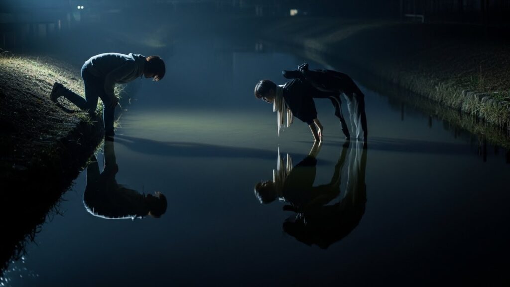 黒い水面に映る反射が人物の動きより遅れて動く、時間差のある影を描いた怪異イメージ