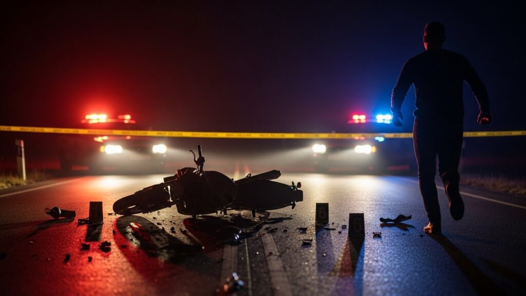 夜の道路に損傷したバイクと散乱した破片が残され、警察の規制線とパトカーの赤色灯が照らす中、背景に特徴の分からない逃走者のシルエットがぼんやり写っている場面。