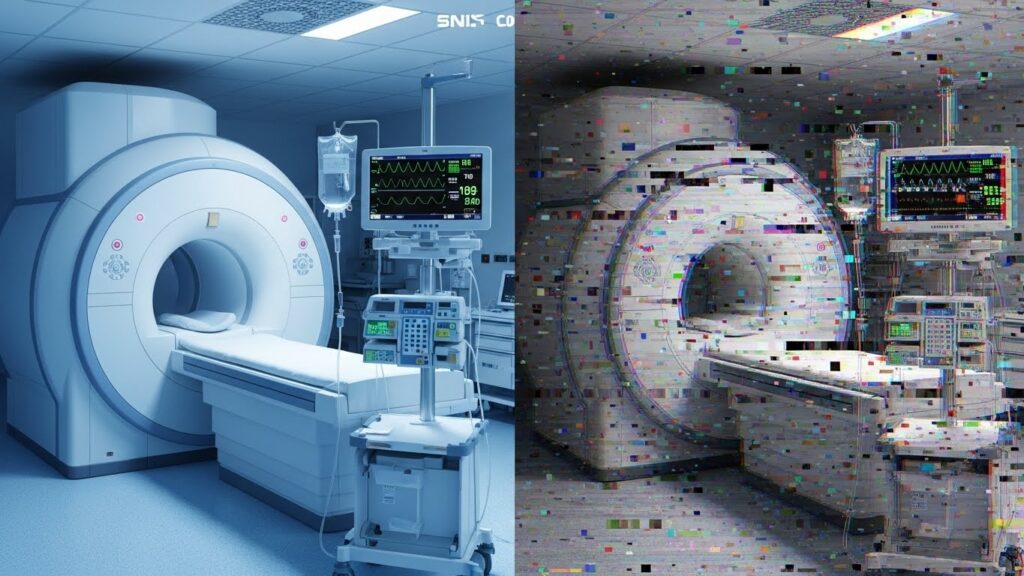 現実と異常が二分されたように、半分は整った医療機器、半分は歪みとノイズに侵食された機械が並ぶ不穏な構図