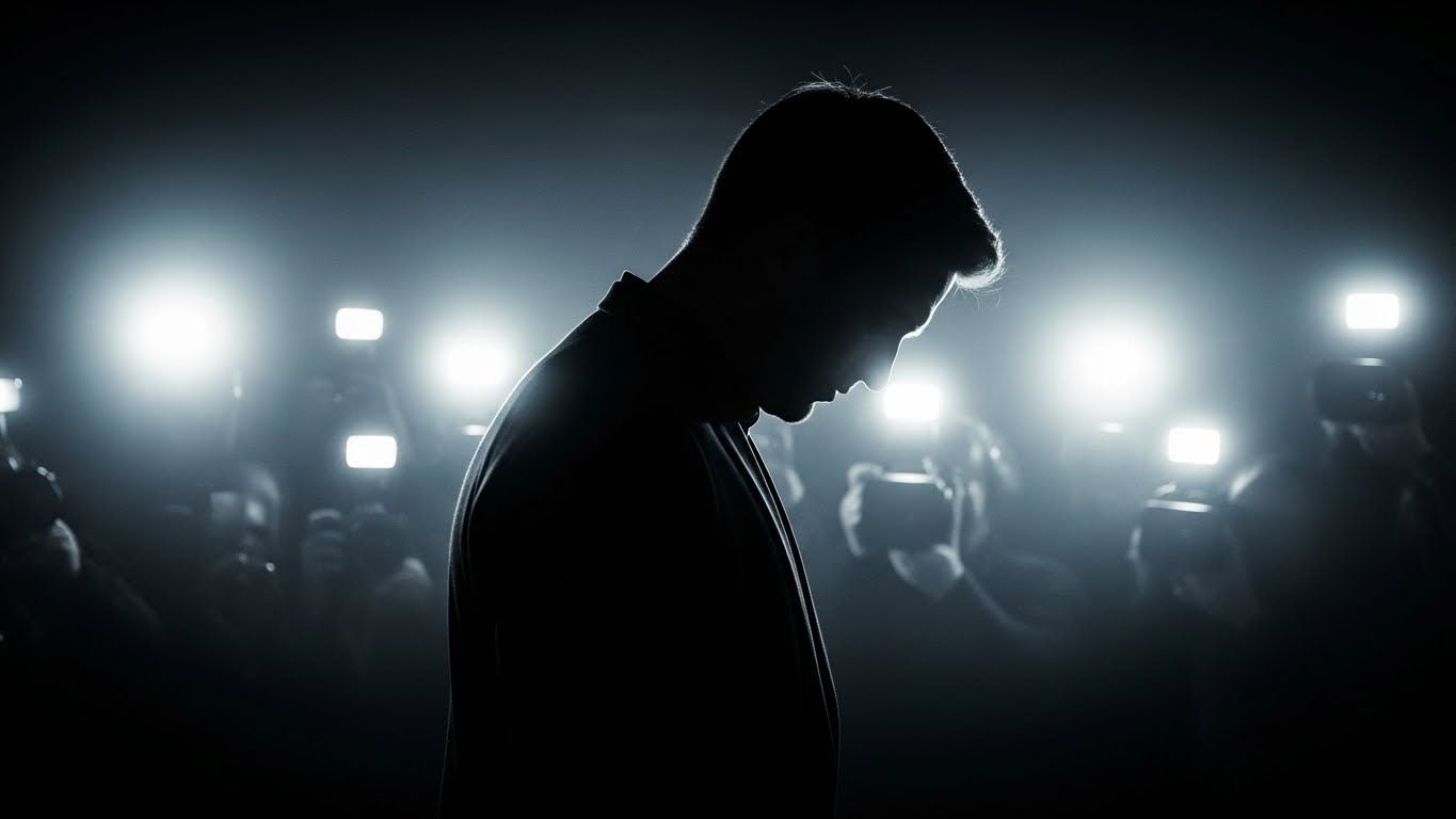 逆光の中で沈黙する男性シルエットと、報道陣のフラッシュが交錯する記者会見のイメージ