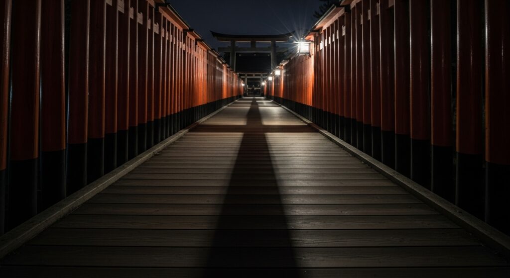 「影が戻るのか人がそう感じるのかを象徴した赤間神宮回廊の画像」