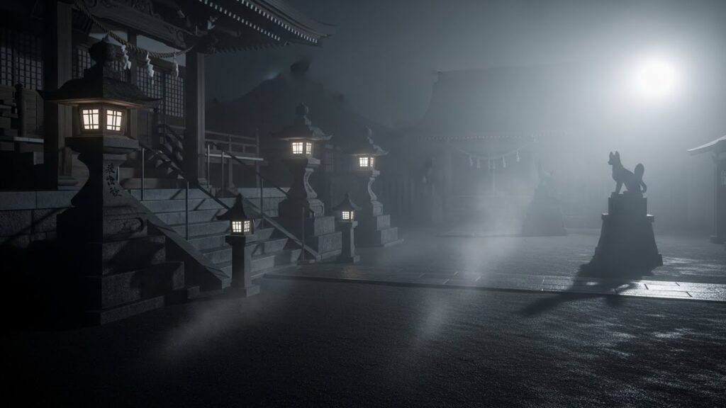 深夜の妙青寺。暗い境内に漂う湯けむりの向こう、遠くにうっすらと狐像の影が浮かぶ現地取材シーン