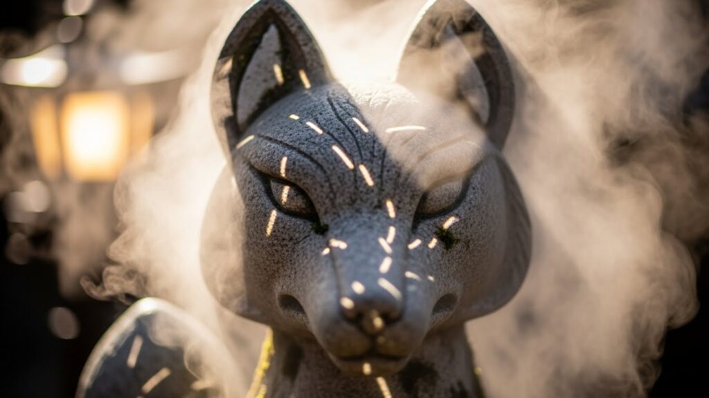 狐の石像の顔が、湯けむりと光の屈折で輪郭が揺らぎ、微妙に歪んで見えるクローズアップ