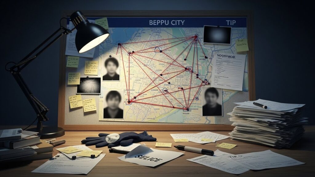 机上に散乱した捜査資料と、複雑に糸でつながれた地図の貼られたボードが並び、膨大な情報が捜査を混乱させている様子を象徴したイメージ。