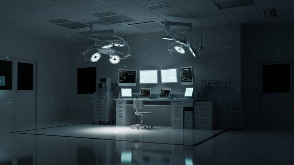 誰もいないはずの深夜の病棟で、ナースステーションのモニターだけが生き物のように明滅し続ける不穏な光景