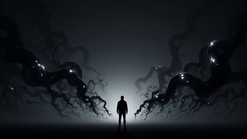 沈黙する人物の背後で噂を象徴する霧が広がる、情報の空白と心理の闇を示すイメージ