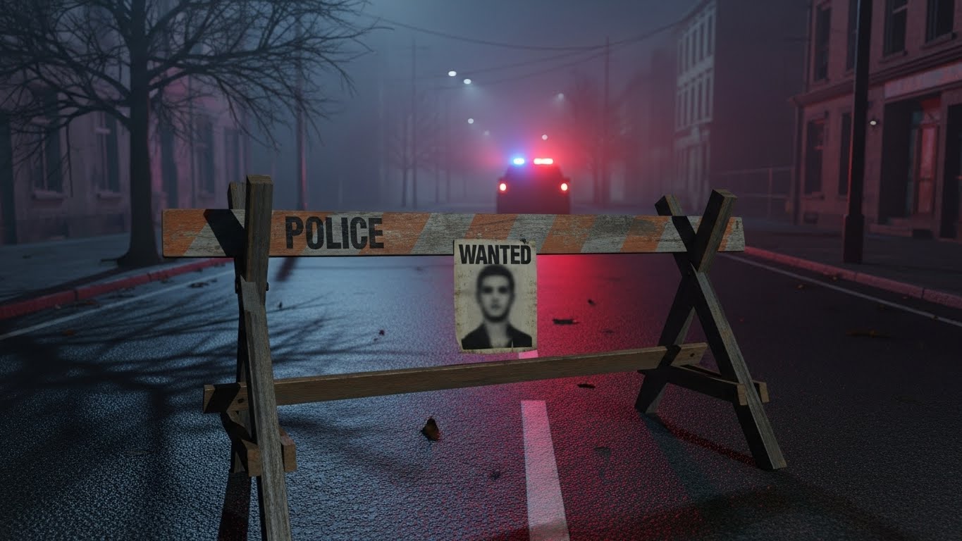 夜の道路に落ちた顔のない指名手配書が街灯に照らされ、背景に警察車両の赤と青の光がぼんやりと反射している、未解決事件と逃亡者の存在を象徴するイメージ。