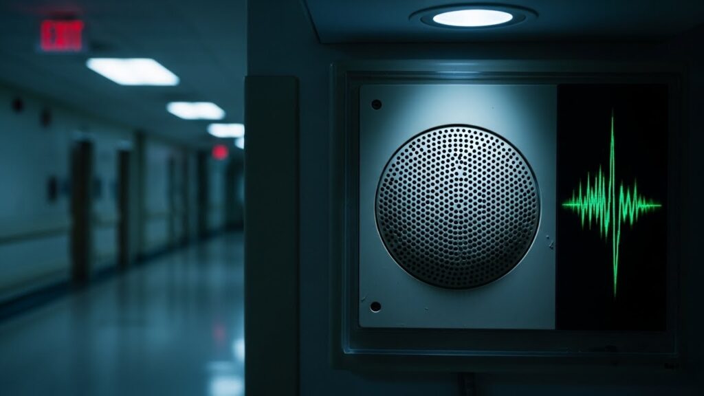 静寂の手術棟でひっそり光るインターホンが、まるで呼吸するようにノイズを響かせる不気味なクローズアップ