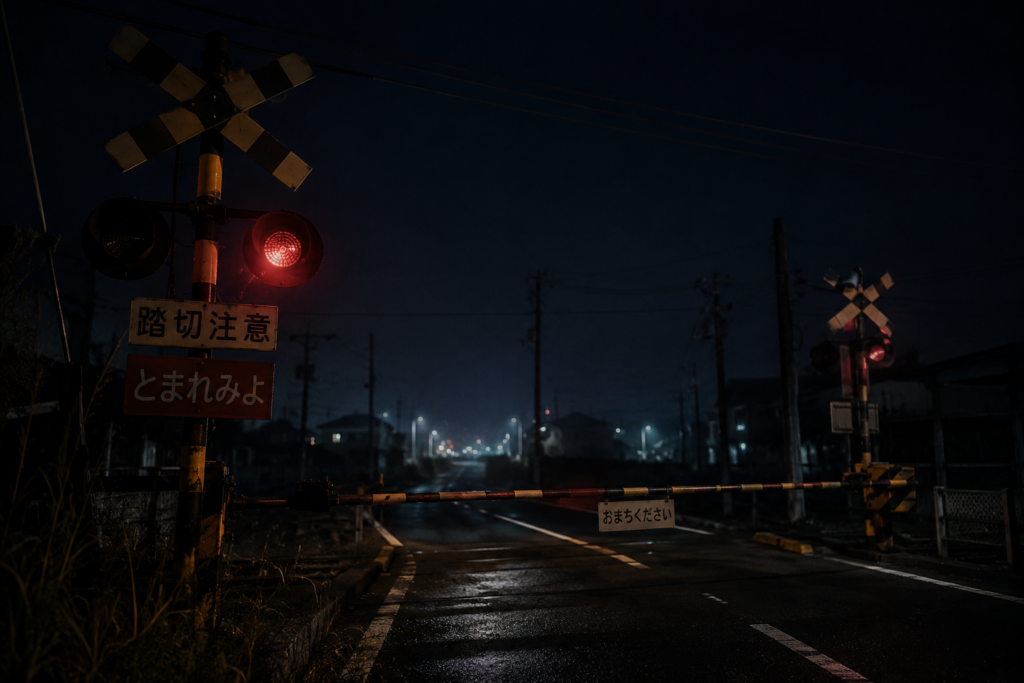 夜の日本の踏切、赤い警報灯が点滅する無人の道路と不気味な雰囲気