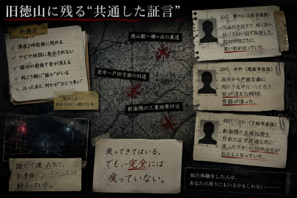 旧徳山周辺の複数の目撃証言をまとめた資料風画像、地図と証言メモに共通点が記されている