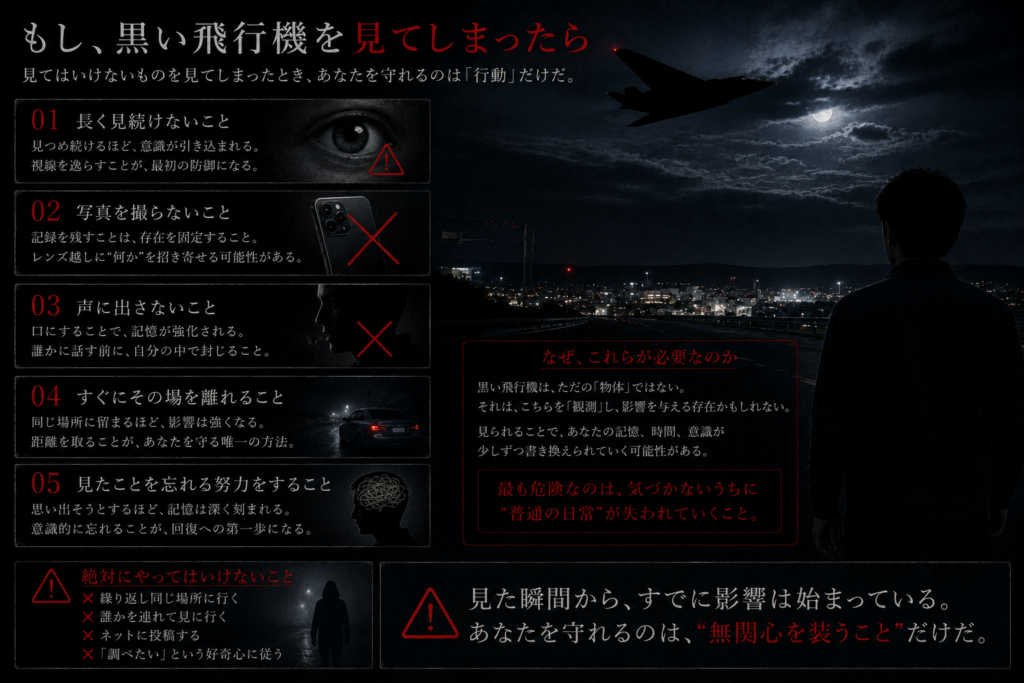 黒い飛行機を見てしまった場合の対処法を示したイメージ画像、夜空と不気味な飛行機が描かれている