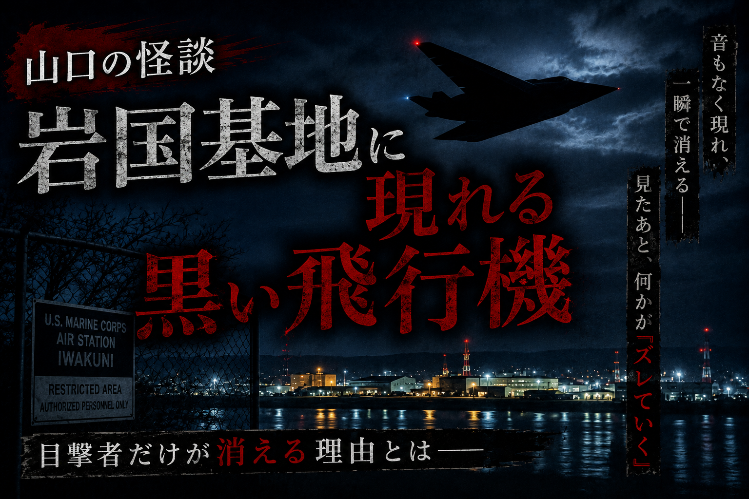 岩国基地上空に現れる黒い飛行機と夜景を描いた都市伝説のアイキャッチ画像