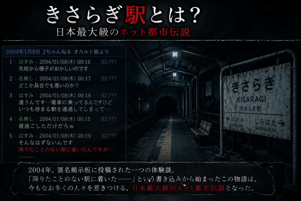 alt="きさらぎ駅とは何かを解説する画像。2004年の2ちゃんねる投稿と深夜の無人駅を再現した日本最大級のネット都市伝説のイメージ"