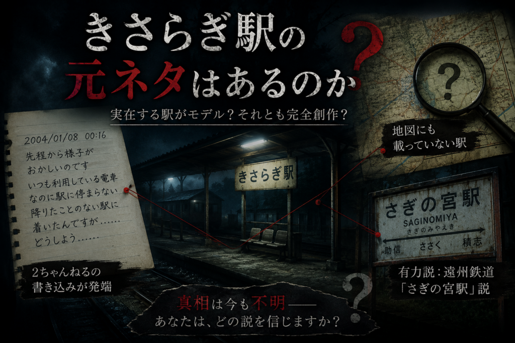 alt="きさらぎ駅の元ネタを考察するイメージ画像。さぎの宮駅説や地図に存在しない駅の謎を調査する都市伝説解説"