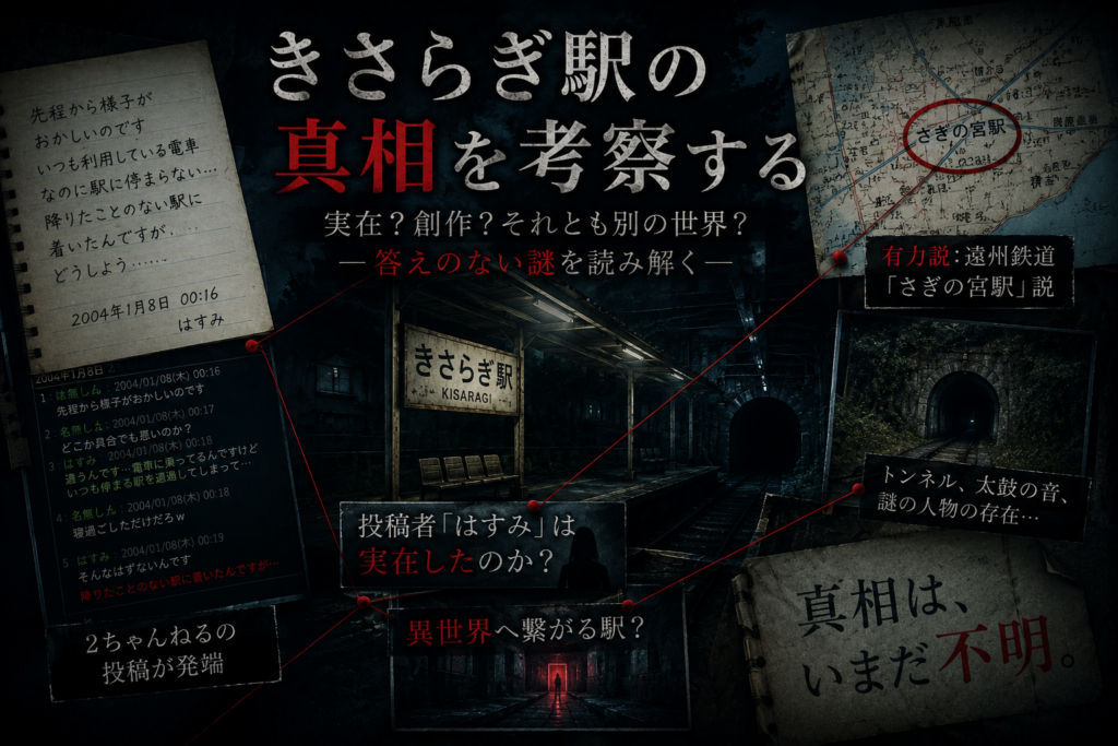 alt="きさらぎ駅の真相を考察するイメージ画像。投稿者はすみや元ネタ説、異世界説など未解決の都市伝説を検証する様子"