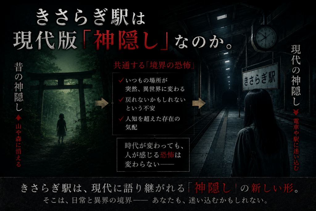 alt="きさらぎ駅は現代版の神隠しなのかを考察する画像。昔の神隠し伝承と異界駅の共通点を比較した都市伝説イメージ"