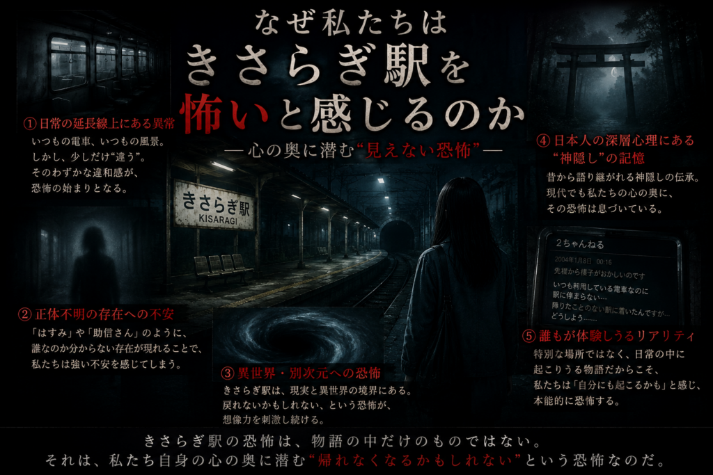 alt="なぜ私たちはきさらぎ駅を怖いと感じるのかを解説する画像。日常の崩壊や異界への恐怖、神隠し心理を考察した都市伝説イメージ"