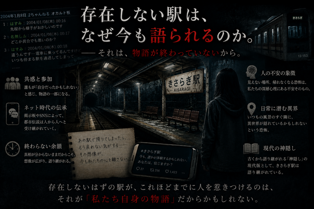 alt="存在しない駅はなぜ今も語られるのかを解説する画像。きさらぎ駅が都市伝説として語り継がれる理由や人々を惹きつける心理を考察したイメージ"