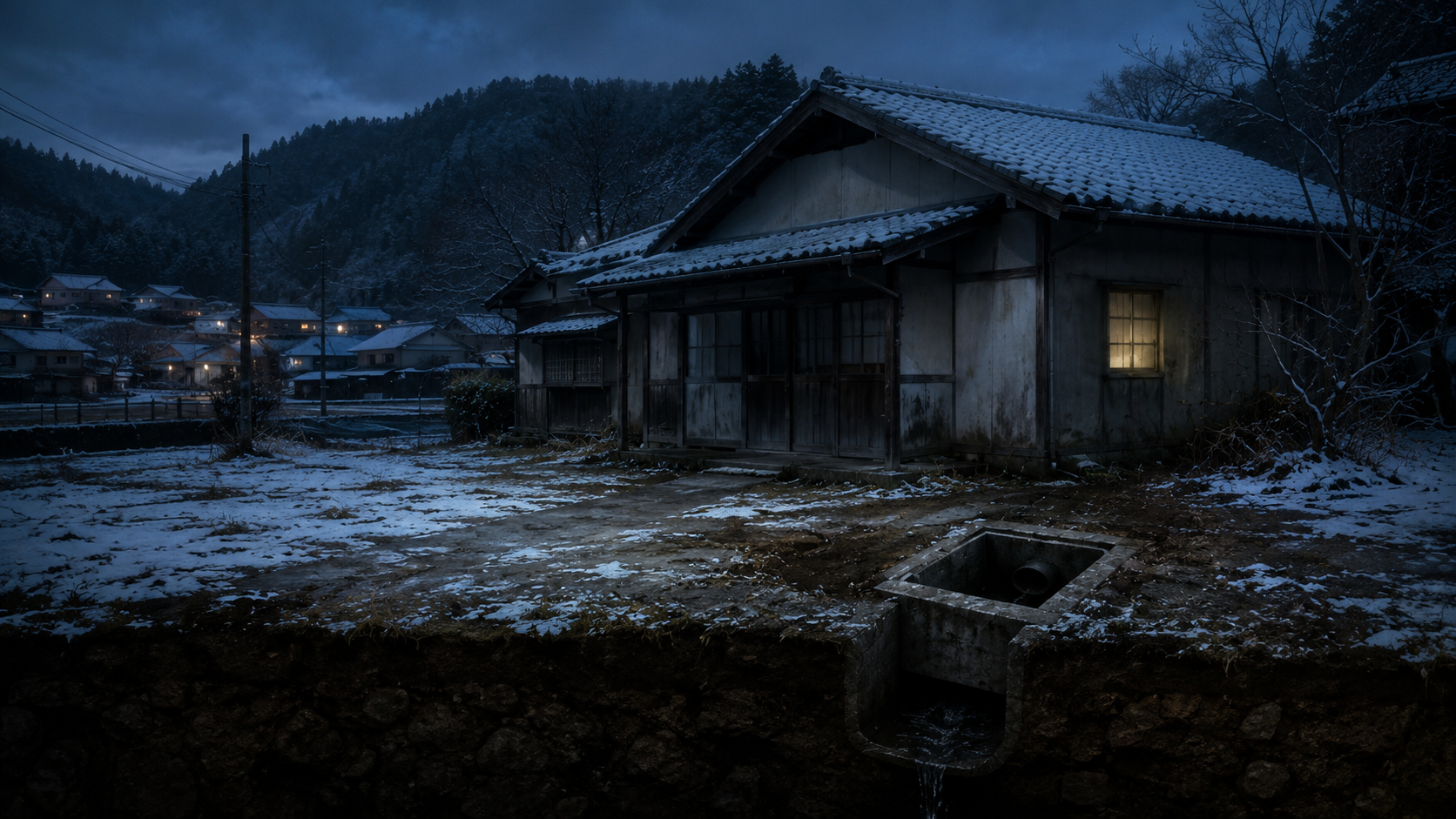 福島の雪深い山村に建つ教員住宅と地下の便槽を描いた福島女性教員宅便槽内怪死事件のイメージ
