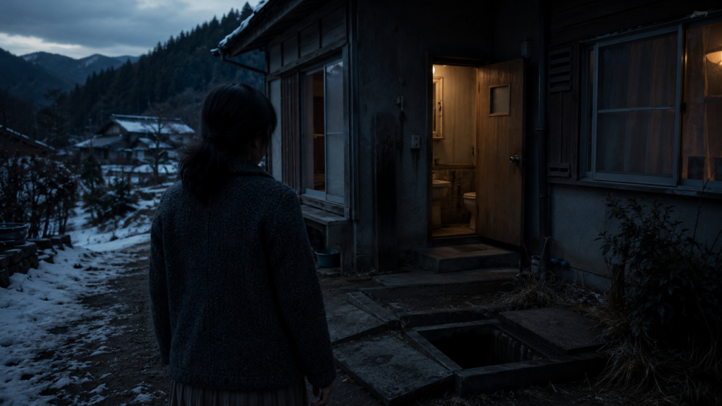 1989年冬の教員住宅でトイレの異変に気づく女性を描いた事件発覚時のイメージ