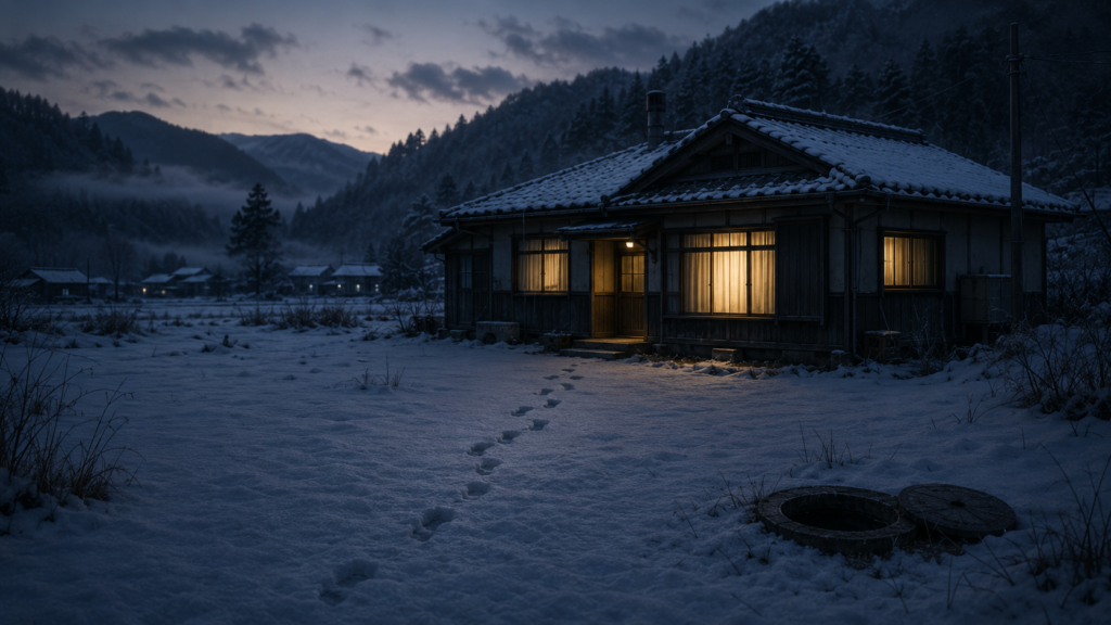 雪の上の足跡が教員住宅の前で途切れる未解明の事件を象徴したイメージ