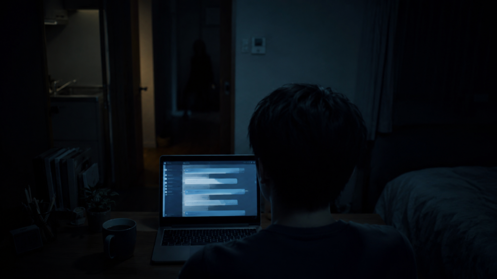 深夜の部屋でChatGPTの画面を見つめる人物を描いたAI都市伝説のイメージ