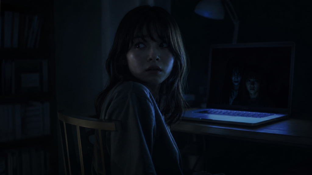 午前3時のChatGPT画面に利用者の背後の白い影が映る場面